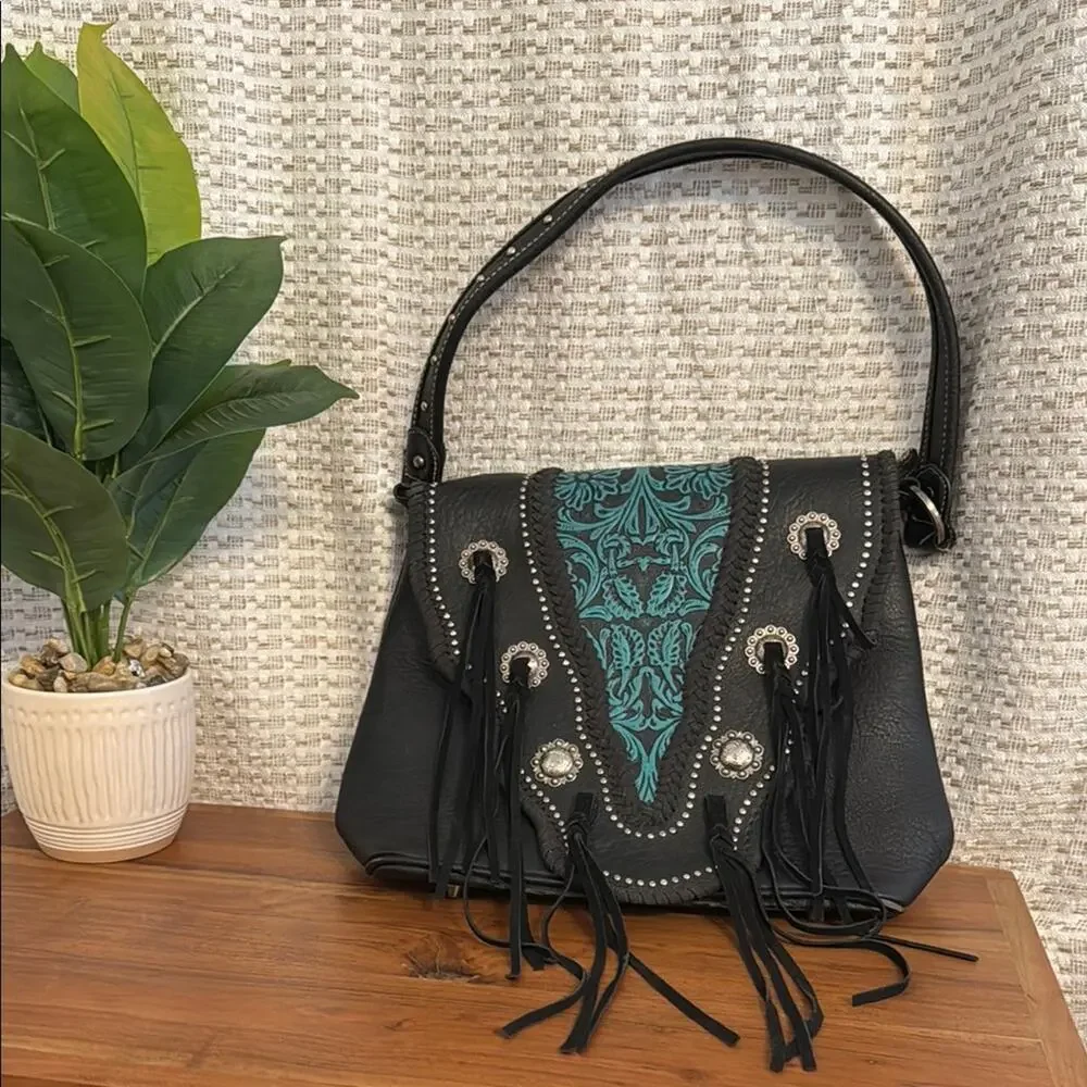 Trinity ranch Black and Teal leather tassel shoulder bag - Picture 1 of 10
